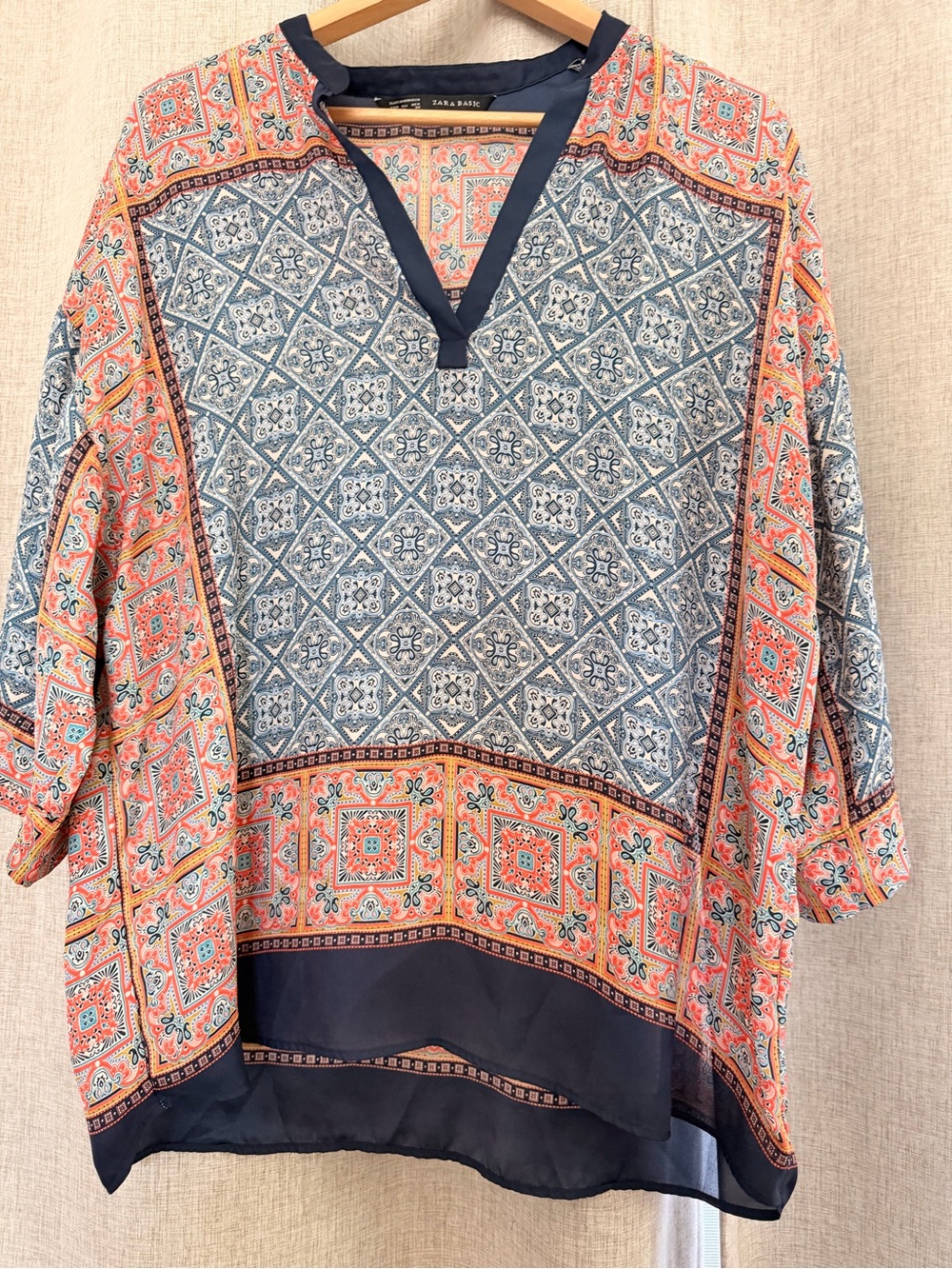 Zara Blue and Coral Printed Casual Button-Down Shirt